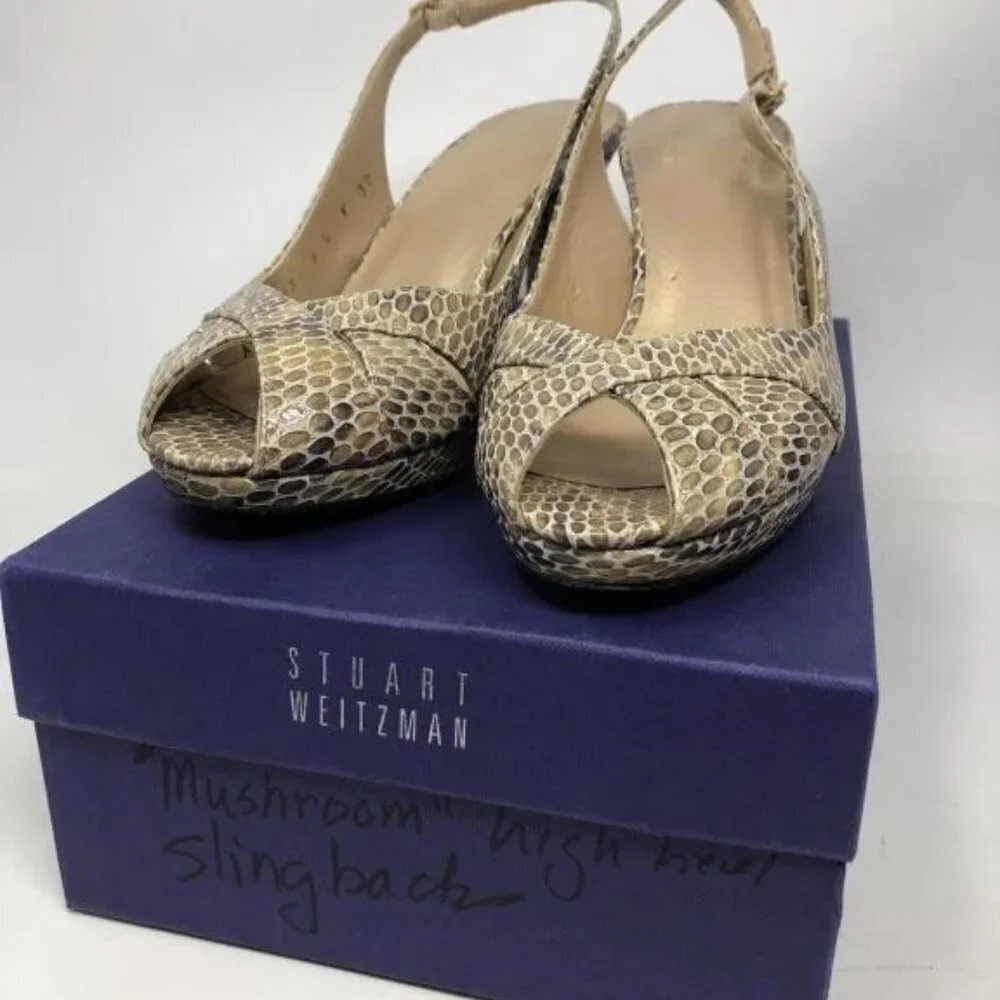 Stuart Weitzman Peekapoo Mushroom Crystal Slingback Snakeskin Pumps Heels sz 6.5